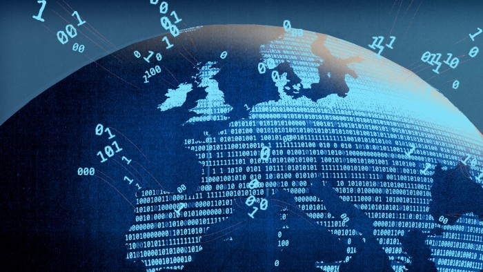 An illustration showing a digital globe overlaid with binary code, with numbers appearing to fly off the surface.