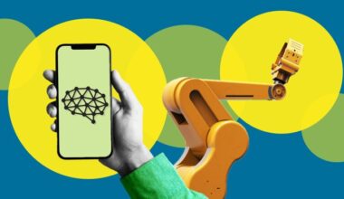 Montage image of a hand holding a phone and a robot arm on a background of circles