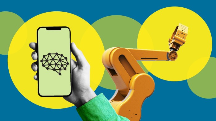 Montage image of a hand holding a phone and a robot arm on a background of circles