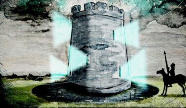 An illustration showing a lone knight on horseback outside a moat surrounding a tower, with glowing lines and light beams encircling the tower