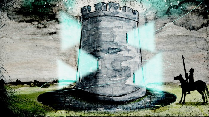An illustration showing a lone knight on horseback outside a moat surrounding a tower, with glowing lines and light beams encircling the tower