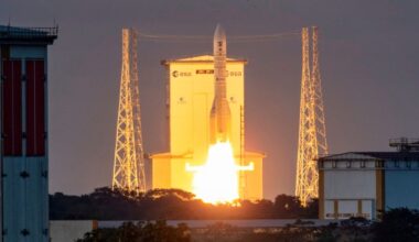 Ariane 6 rocket carrying the Sentinel 1-D satellite launches from the Guiana Space Centre, flames and smoke visible at liftoff