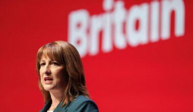 Rachel Reeves delivers her speech at the Labour party conference in Liverpool, with a red backdrop sporting the word ‘Britain’ behind her