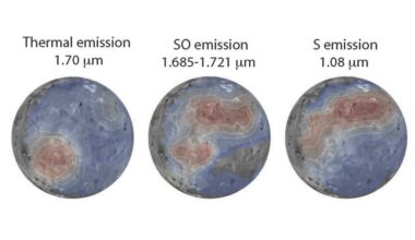 The James Webb Space Telescope’s (JWST) Near Infrared Spectrograph captured emissions of heat, sulfur dioxide, and sulfur from the Jovian moon Io (seen here from left to right, listed with their respective micrometer frequencies). The JWST images are overlaid on a U.S. Geological Survey visible-light map of Io based upon Voyager and Galileo images. Credit: Chris Moeckel and Imke de Pater, UC Berkeley