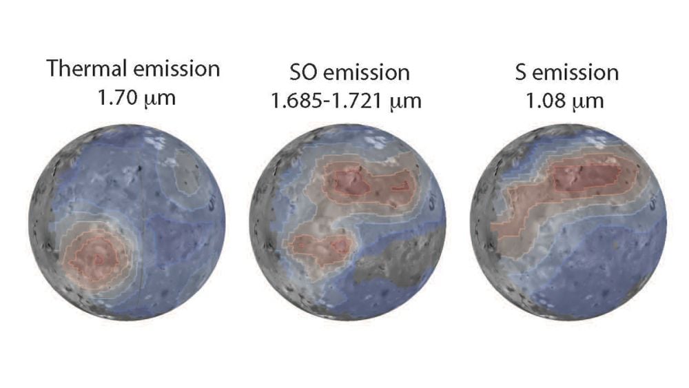 The James Webb Space Telescope’s (JWST) Near Infrared Spectrograph captured emissions of heat, sulfur dioxide, and sulfur from the Jovian moon Io (seen here from left to right, listed with their respective micrometer frequencies). The JWST images are overlaid on a U.S. Geological Survey visible-light map of Io based upon Voyager and Galileo images. Credit: Chris Moeckel and Imke de Pater, UC Berkeley