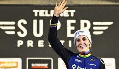 Dutch Lucinda Brand celebrates on the podium after winning the women's race of the Superprestige Merksplas cyclocross event, fourth stage (4/8) of the Superprestige cyclocross cycling competition, Saturday 15 November 2025, in Merksplas.BELGA PHOTO JASPER JACOBS (Photo by JASPER JACOBS / BELGA MAG / Belga via AFP) (Photo by JASPER JACOBS/BELGA MAG/AFP via Getty Images)