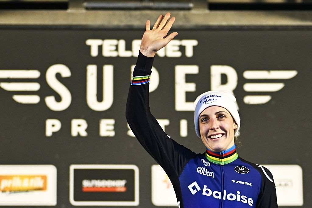 Dutch Lucinda Brand celebrates on the podium after winning the women's race of the Superprestige Merksplas cyclocross event, fourth stage (4/8) of the Superprestige cyclocross cycling competition, Saturday 15 November 2025, in Merksplas.BELGA PHOTO JASPER JACOBS (Photo by JASPER JACOBS / BELGA MAG / Belga via AFP) (Photo by JASPER JACOBS/BELGA MAG/AFP via Getty Images)
