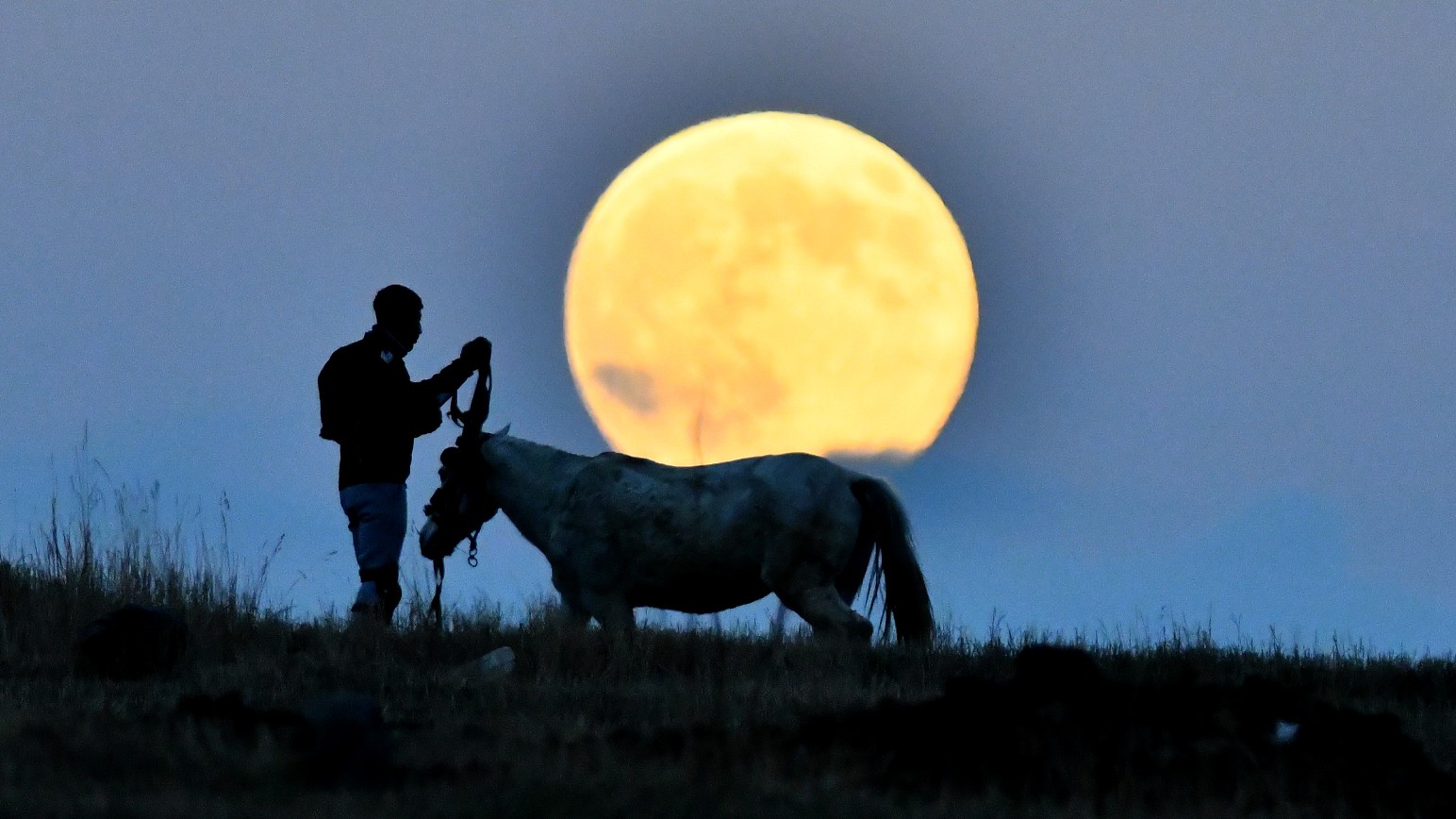 A photograph of a man with a horse in the Sarikamis district of Kars, Turkey, with the Beaver Supermoon rising behind them.