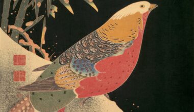 a woodblock print of a colorful bird in the snow