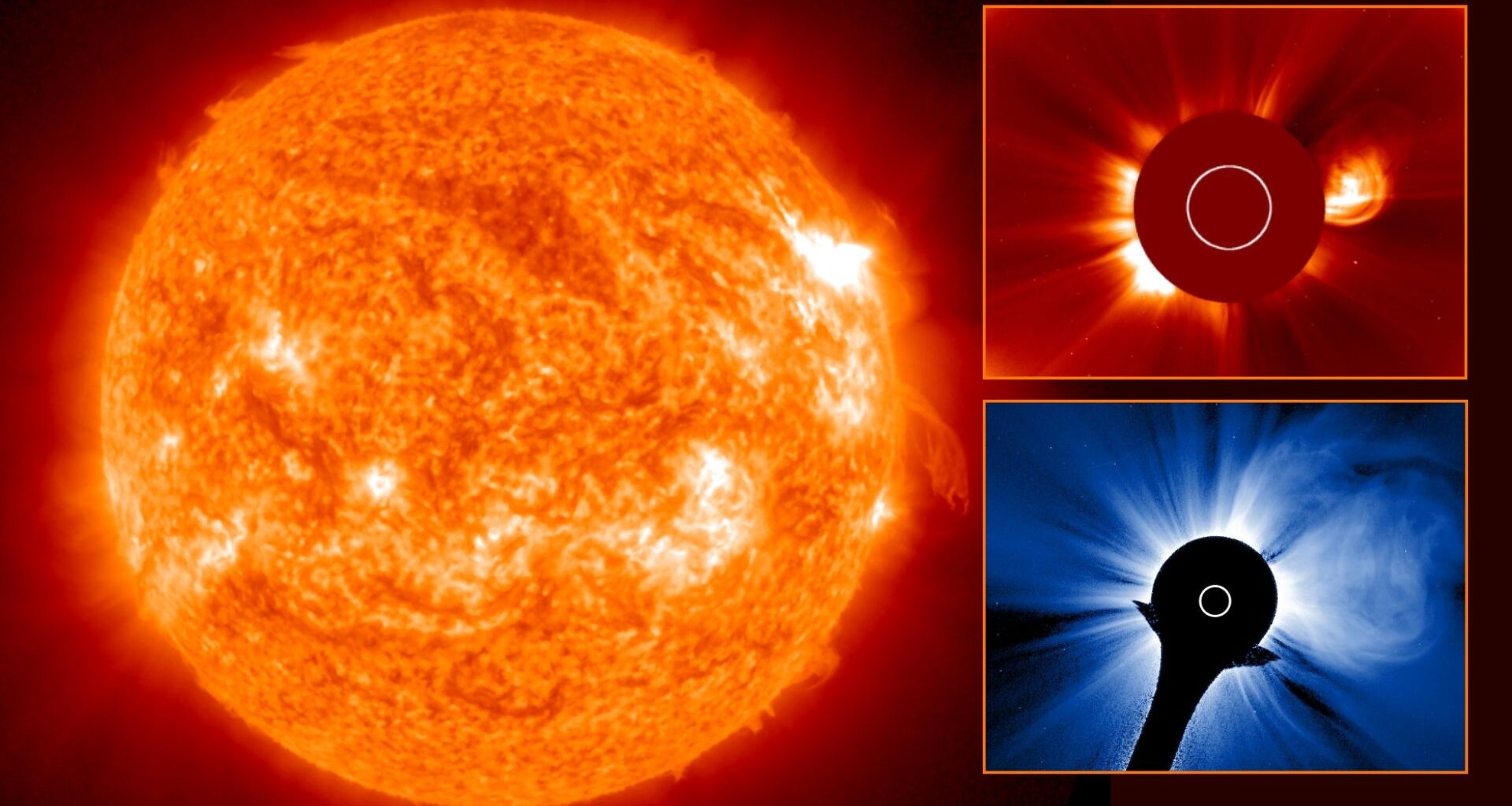 three panel image showing the sun firing out an x class solar flare and accompnying CME