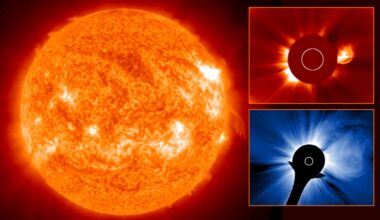 three panel image showing the sun firing out an x class solar flare and accompnying CME