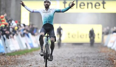Dutch Joris Nieuwenhuis celebrates as he crosses the finish line to win the men's race of the Superprestige Merksplas cyclocross event, fourth stage (4/8) of the Superprestige cyclocross cycling competition, Saturday 15 November 2025, in Merksplas.BELGA PHOTO JASPER JACOBS (Photo by JASPER JACOBS / BELGA MAG / Belga via AFP) (Photo by JASPER JACOBS/BELGA MAG/AFP via Getty Images)