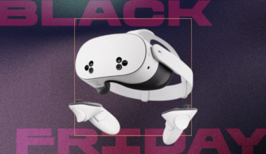 A Meta Quest 3S on a mauve background