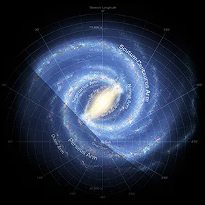 Overhead artists' impression of the Milky Way galaxy. Labels provided by NASA