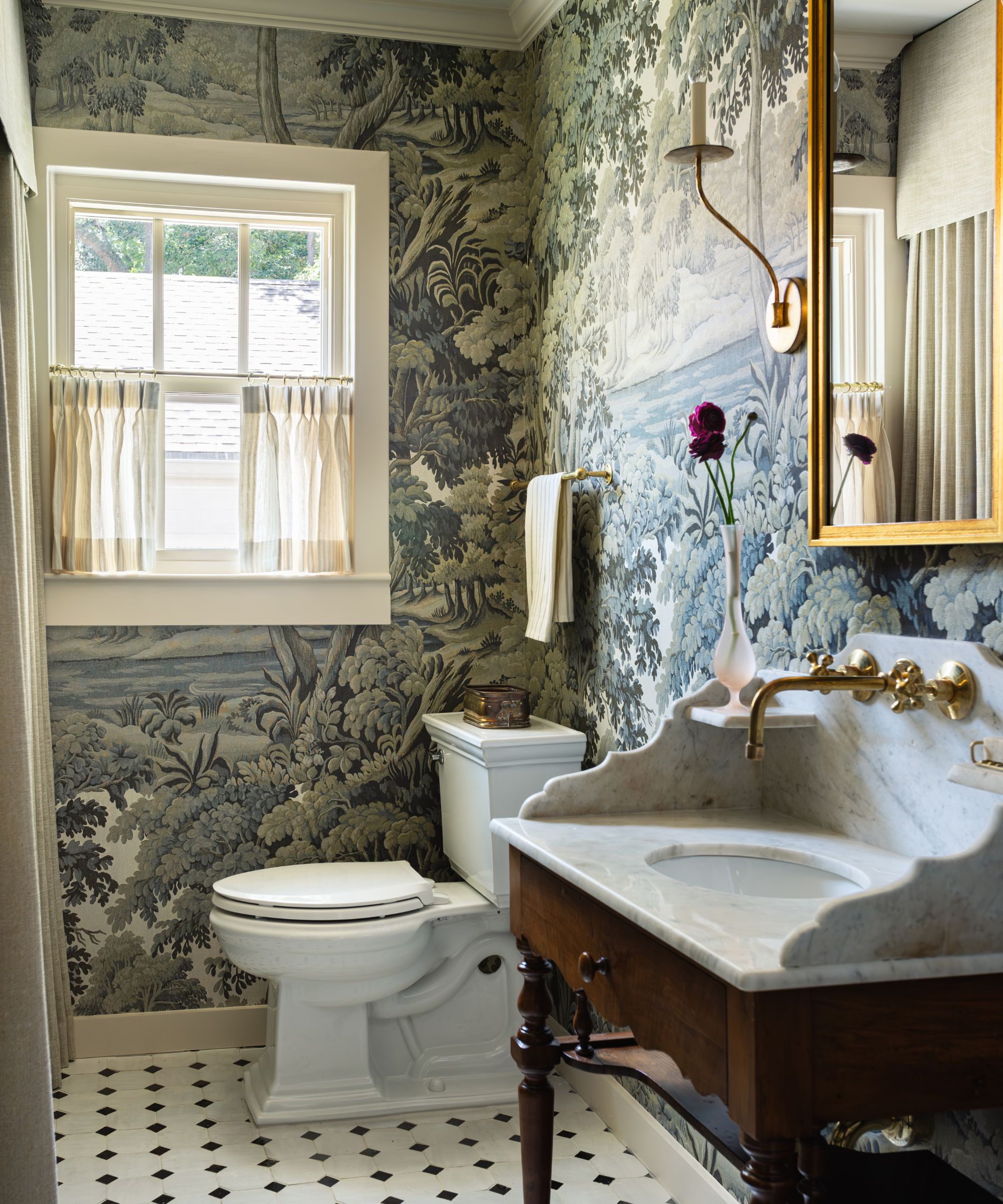 powder room marble vanity stand and wallpaper