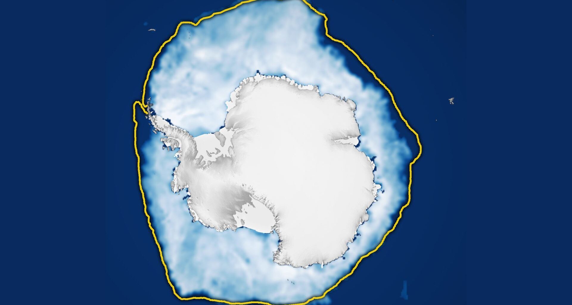 A white blob of ice surrounded by a yellow outline sits in a navy blue ocean