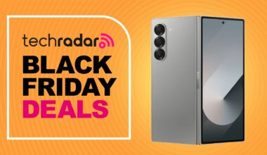 Samsung Galaxy Z Fold 6 on an orange background. Text reads: TechRadar Black Friday Deals