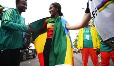 KIGALI, RWANDA - SEPTEMBER 27: Kahsay Tsige Kiros and Team Ethiopia reacts after the 98th UCI Cycling World Championships Kigali 2025 - Women Junior Road Race a 74km race from Kigali to Kigali on September 27, 2025 in Kigali, Rwanda. (Photo by Dario Belingheri/Getty Images)