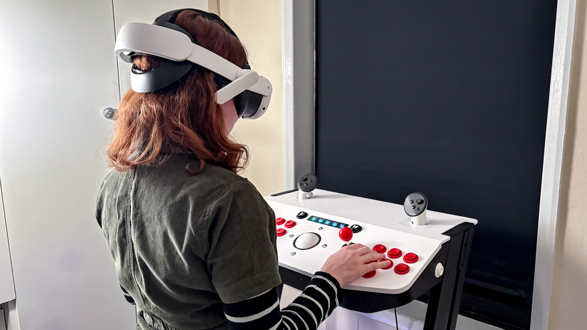 Person using X-Arcade Arcade2TV-XR machine wearing Meta Quest 3