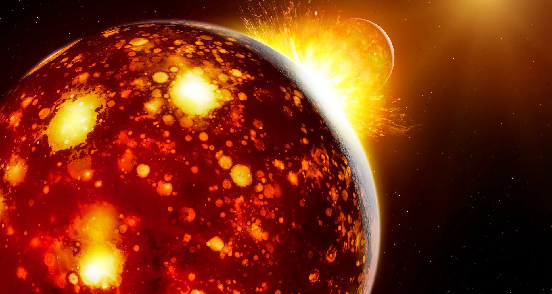 Artist’s impression of the collision between the early Earth and Theia. Since Theia originated in the inner Solar System. Credit &amp; ©: MPS/Mark A. Garlick