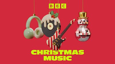 Artwork for the Christmas Music collection on BBC Sounds. Christmas Tree decorations in the shape of a pari of headphones, a vinyl record, a guitar and a disco ball snowman decorate the image. 