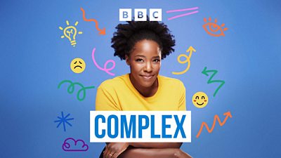 Key art for Complex with Kimberley Wilson. The title of the show sits in a white banner under a headshot of Kimberley. Colourful line art drawings decorate the image. 