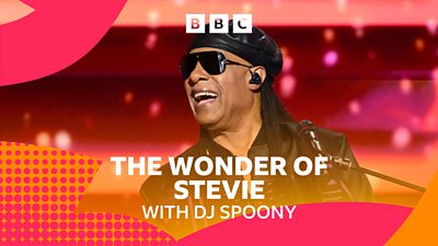 A photo of Stevie Wonder with BBC Radio 2 branding. Text on the image reads: “The Wonder of Stevie with DJ Spoony.” 