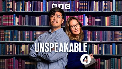 Photo of Phil Wang and Susie Dent back-to-back in a library. ‘Unspeakable’ is written in bold, white text on the bottom of the image. 