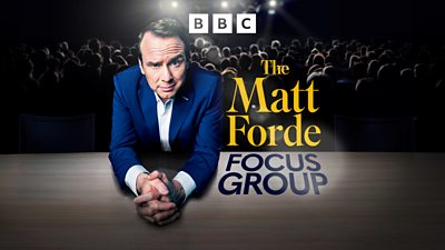 Graphic for The Matt Forde Focus Group. Matt Forde leans on a desk and looks directly to the camera, next to the title of the show in yellow text. An audience of silhouettes is in the background. 