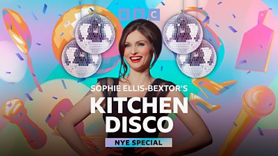 Artwork for Sophie Ellis-Bextor’s NYE Special Kitchen Disco. A photo of the singer is surrounded by glitter balls and graphics of various musical and kitchen objects including a frying pan, a microphone, and high heels. 