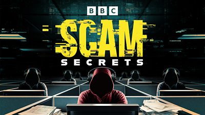 Artwork for Scam Secrets. A graphic shows an office divided into separate desks. Anonymous, hooded figures wearing headphones work at each of the desks. The title of the show sits at the top of the image in distorted font: “Scam Secrets.” 