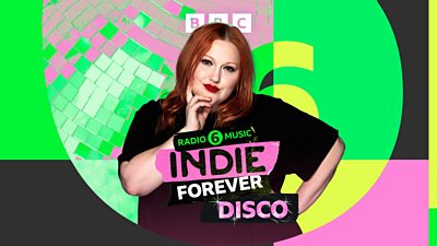 Artwork for Indie Forever Disco with Beth Ditto, featuring a photo of Beth Ditto in front of yellow, pink and green branded graphics for BBC Radio 6 Music. 