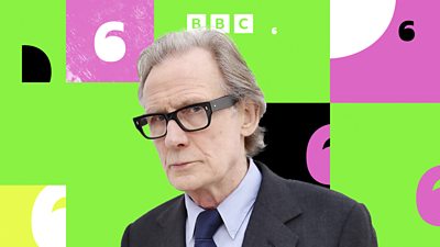 Photo of Bill Nighy in front of yellow, pink and green branded graphics for BBC Radio 6 Music. 