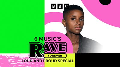 Artwork for Rave Forever Loud and Proud special with SHERELLE, featuring a photo of SHERELLE in front of yellow, pink and green branded graphics for BBC Radio 6 Music. 