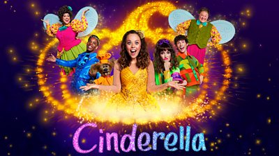 Artwork for Cinderella, the CBeebies Christmas Panto. Featuring a collection of characters and the sparkling outline of a pumpkin. 