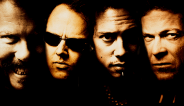 Metallica in 1996 pulling faces and bathed in a golden hue