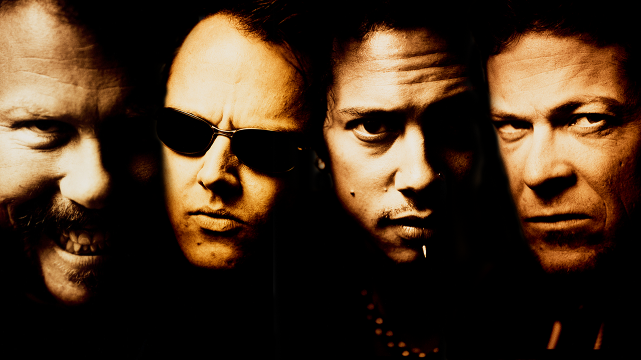 Metallica in 1996 pulling faces and bathed in a golden hue