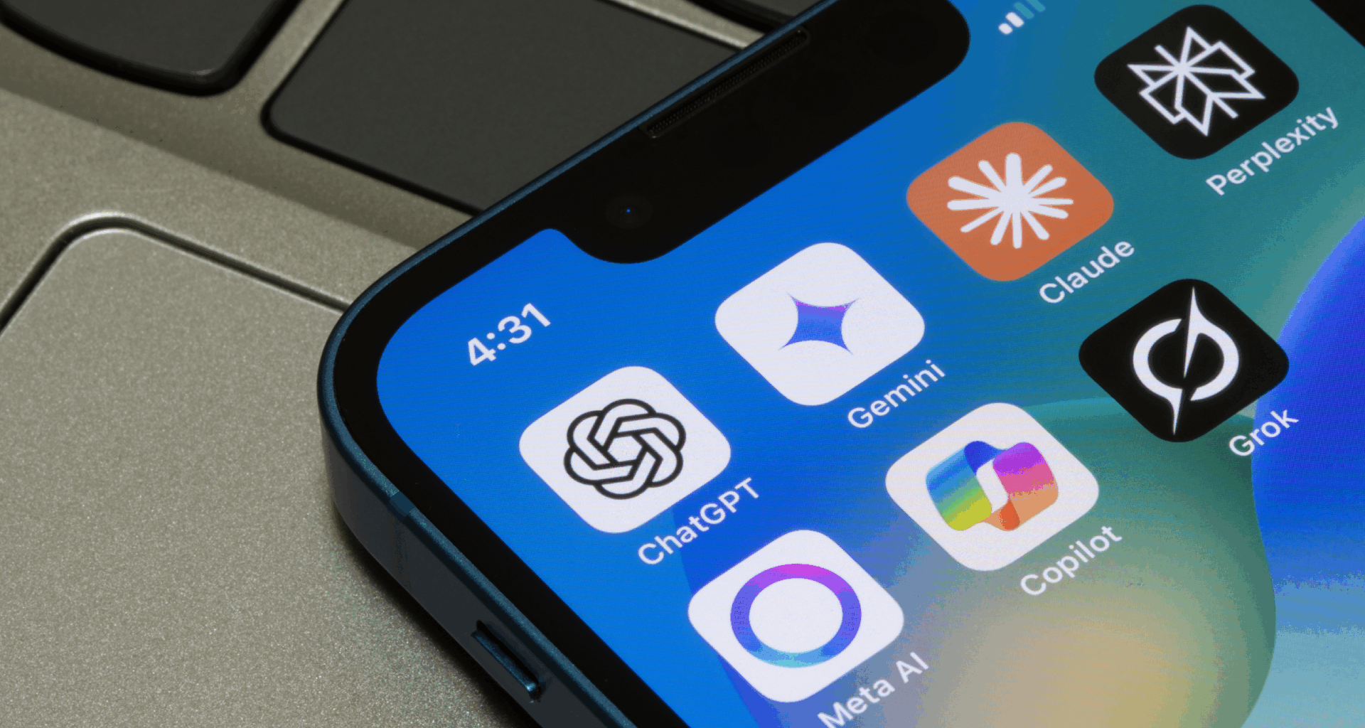 Portland, OR, USA - May 2, 2025: Assorted AI apps, including ChatGPT, Gemini, Claude, Perplexity, Meta AI, Microsoft Copilot, and Grok, are seen on the screen of an iPhone.