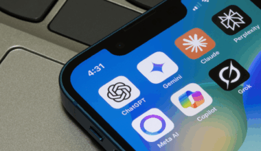 Portland, OR, USA - May 2, 2025: Assorted AI apps, including ChatGPT, Gemini, Claude, Perplexity, Meta AI, Microsoft Copilot, and Grok, are seen on the screen of an iPhone.