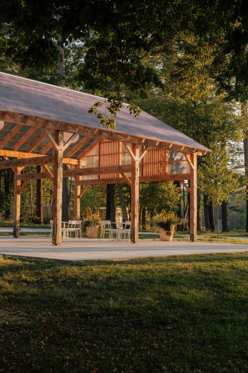 Wooden gazebo in woodland