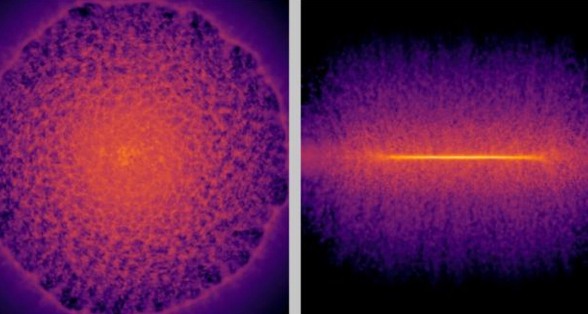 Two images side by side showing various pink and purple and yellow shapes of galaxies