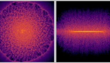 Two images side by side showing various pink and purple and yellow shapes of galaxies