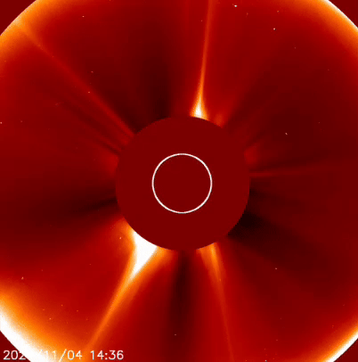 gif animation showing two big cme eruptions from the sun one streaming out to the upper left and the other lower right.