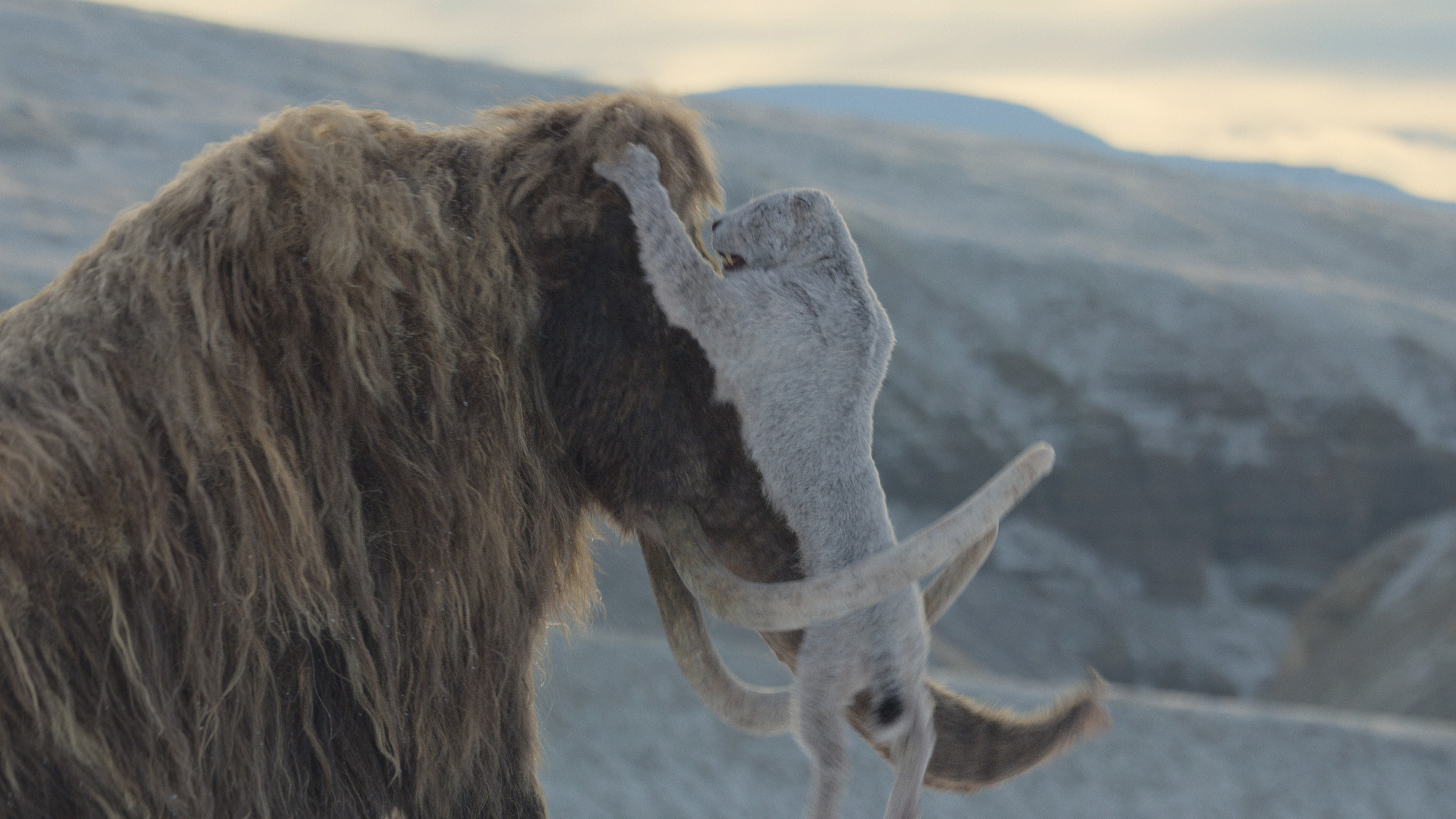 A saber-toothed cat hanging off the trunk of a woolly mammoth in a new animation.