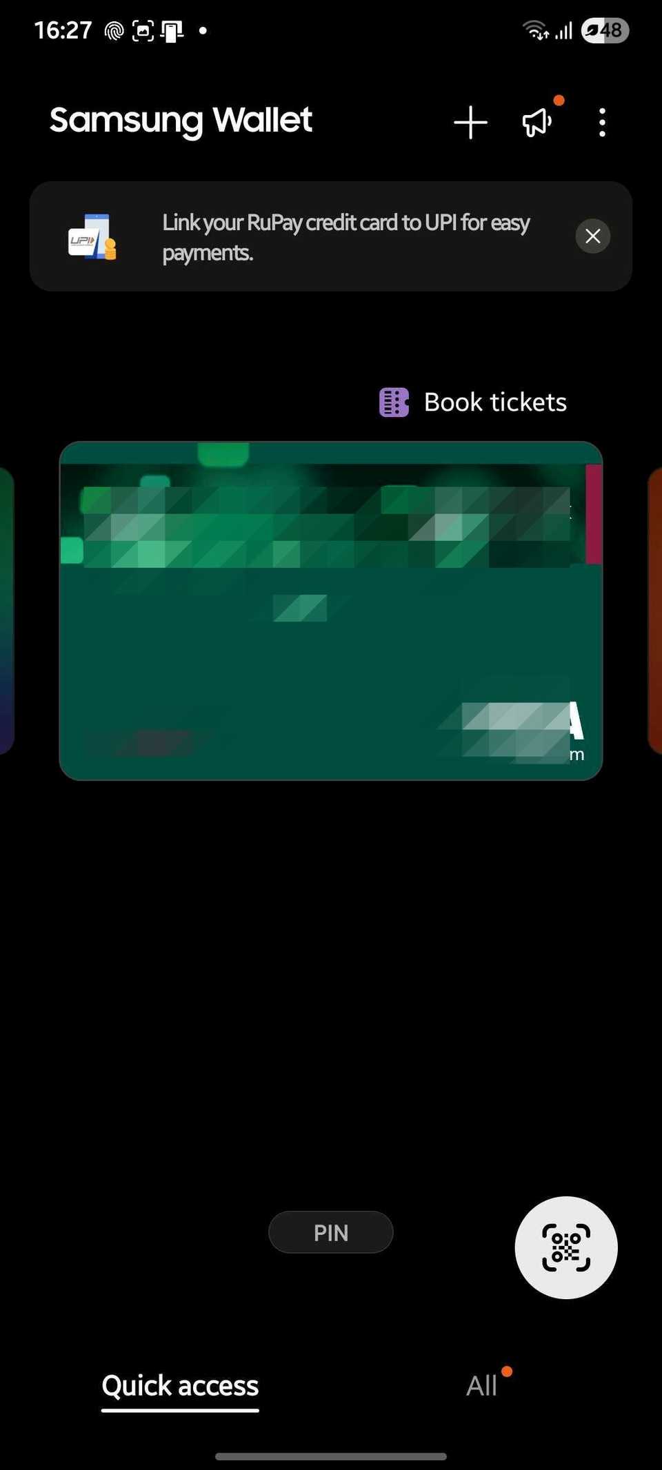 Screenshot showing Quick access page on Samsung Wallet