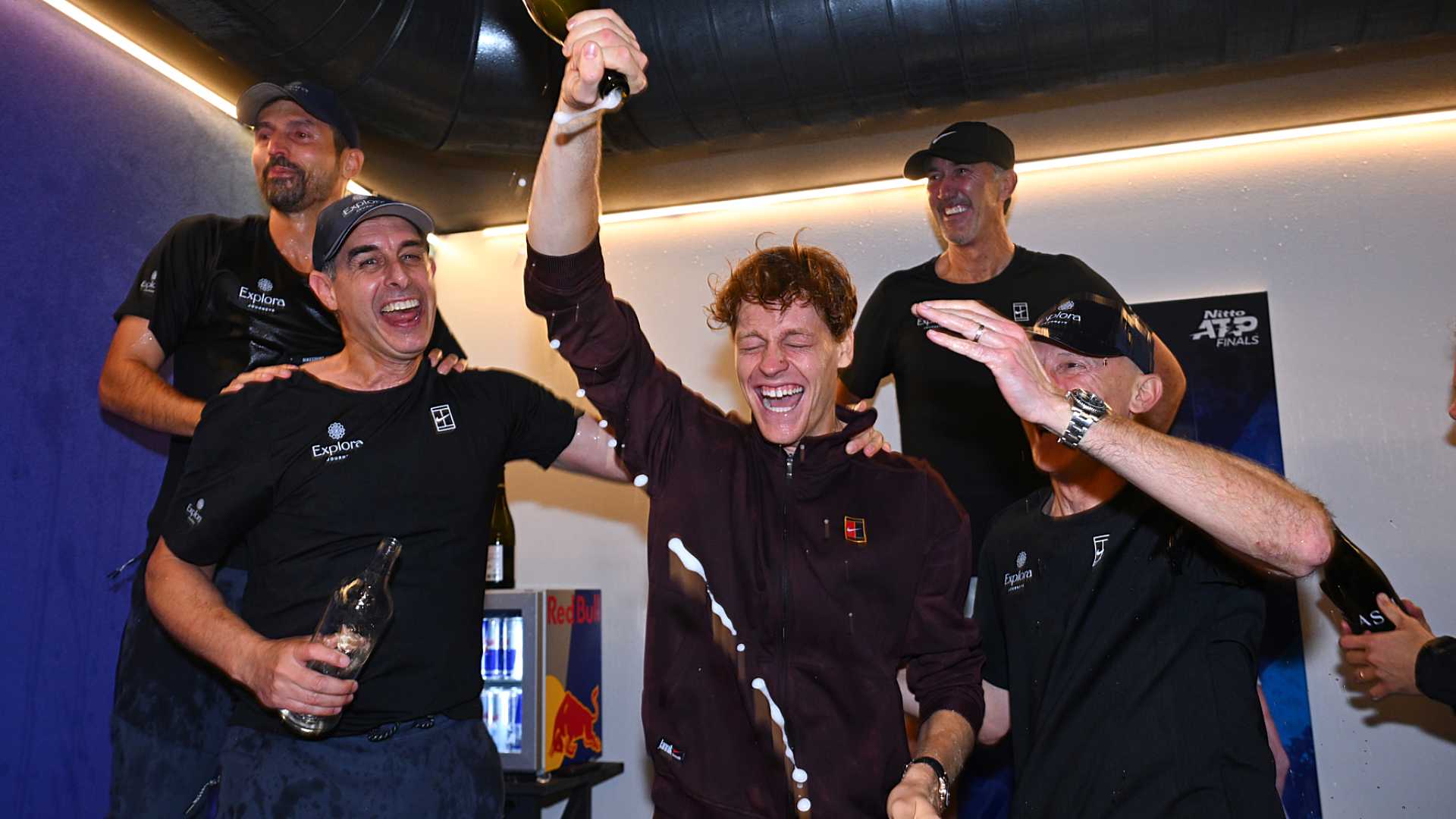 Jannik Sinner celebrates his Nitto ATP Finals title triumph with his team.