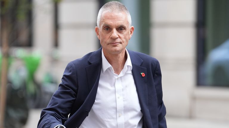 Outgoing BBC director-general Tim Davie outside BBC Broadcasting House this morning. Pic: PA