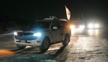 A Red Cross convoy carries the remains of a hostage handed over to Israel. Pic: AP