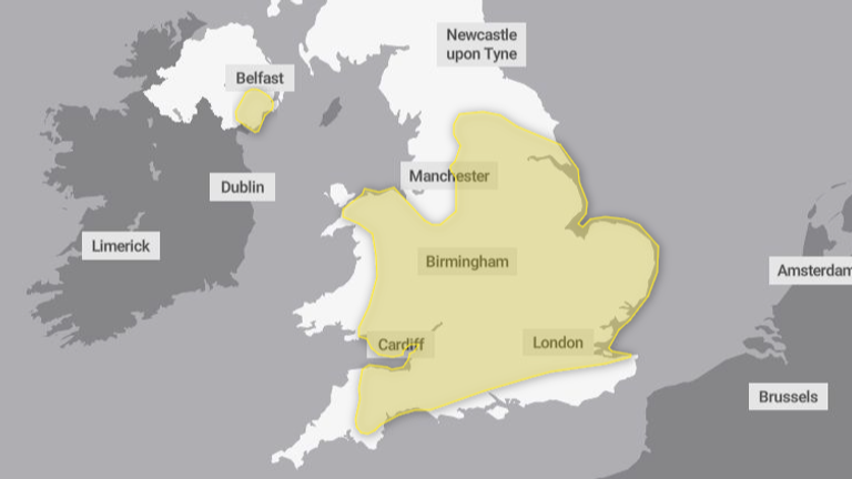Yellow warnings for rain persist until 6am on Saturday in England and noon in Northern Ireland. Pic: Met Office