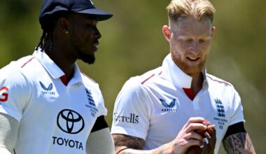 England captain Ben Stokes is handed the ball by Jofra Archer in the Ashes warm-up match